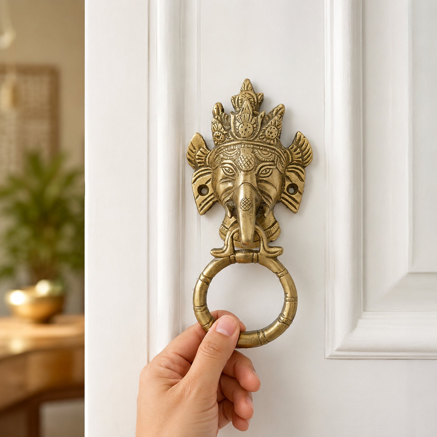 Lord Ganesha Brass Door Knocker for Main Door – Antique Finish Ganpati Vastu Face with Ring, 6.5 Inch Ethnic Indian Elephant Design | Auspicious Entrance Decor & Housewarming Gift
