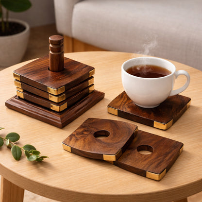 Handcrafted Sheesham Wood Square Coaster Set with Brass Corners – Set of 6 with Stand