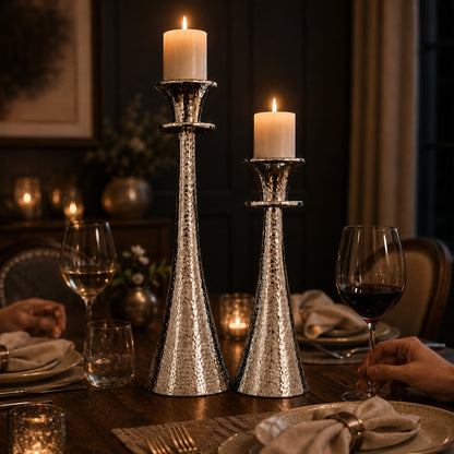 Hammered Silver Tapered Metal Candle Holder Stand Set of 2 | The Indian Aura