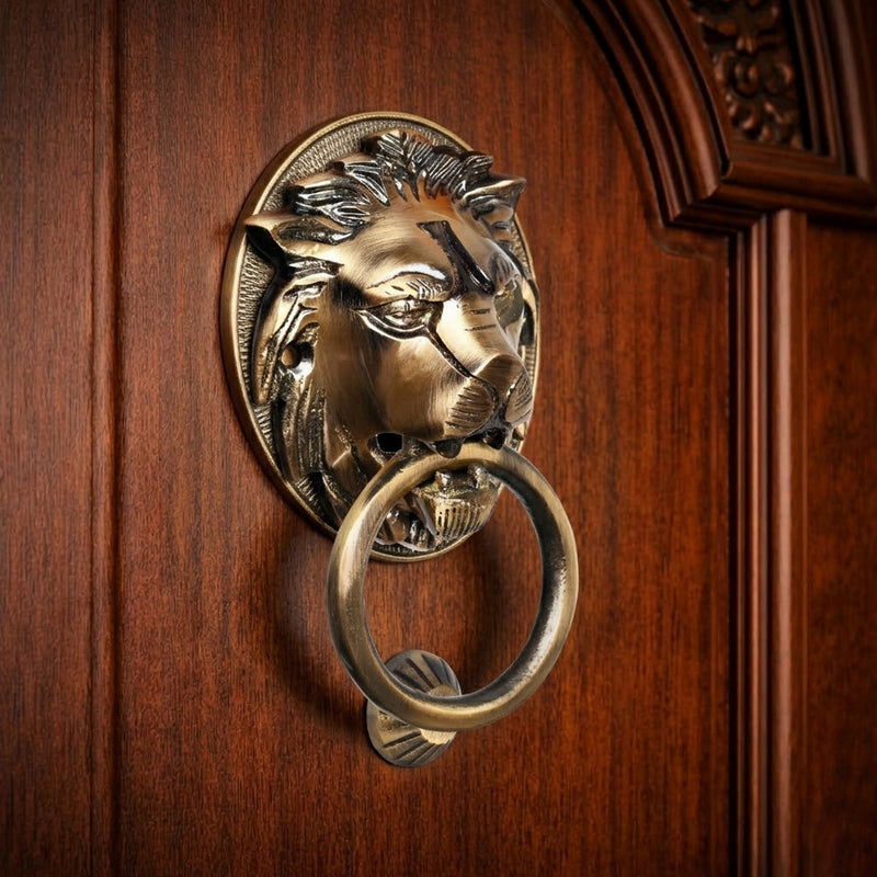 Majestic Handcrafted Lion Guardian Design Brass Door Knocker | The Indian Aura