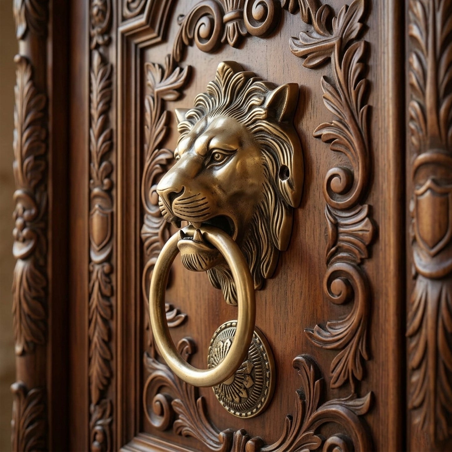 Lion Guardian Brass Door Knocker with Ring Handle for Main Door | The Indian Aura