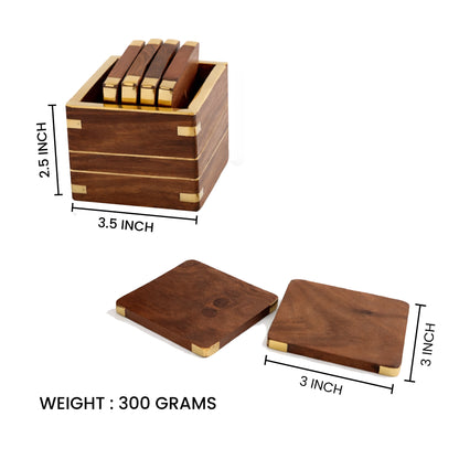 Handcrafted Sheesham Wood Box Coaster Set with Brass Corners – 3 Inch Square Coasters, Set of 6