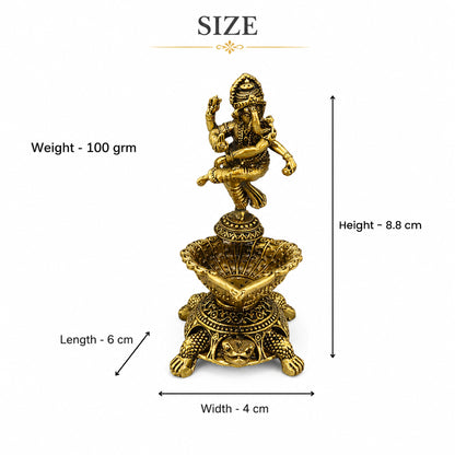 Pure Brass Dancing Ganesha Diya Oil Lamp Holder | Antique Gold Finish, Oil Lamp with Diya, Vastu Showpiece, Puja Room Decor