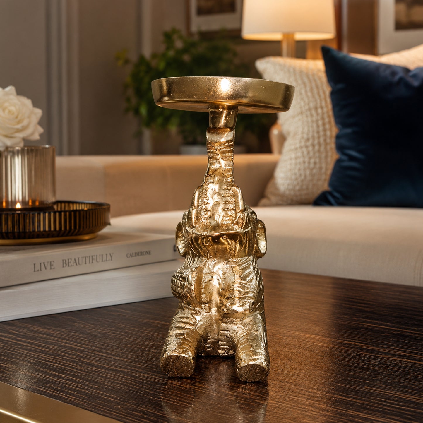 Gold Elephant Pillar Candle Holder Stand – 16 cm Decorative Metal T-Light Holder | The Indian Aura