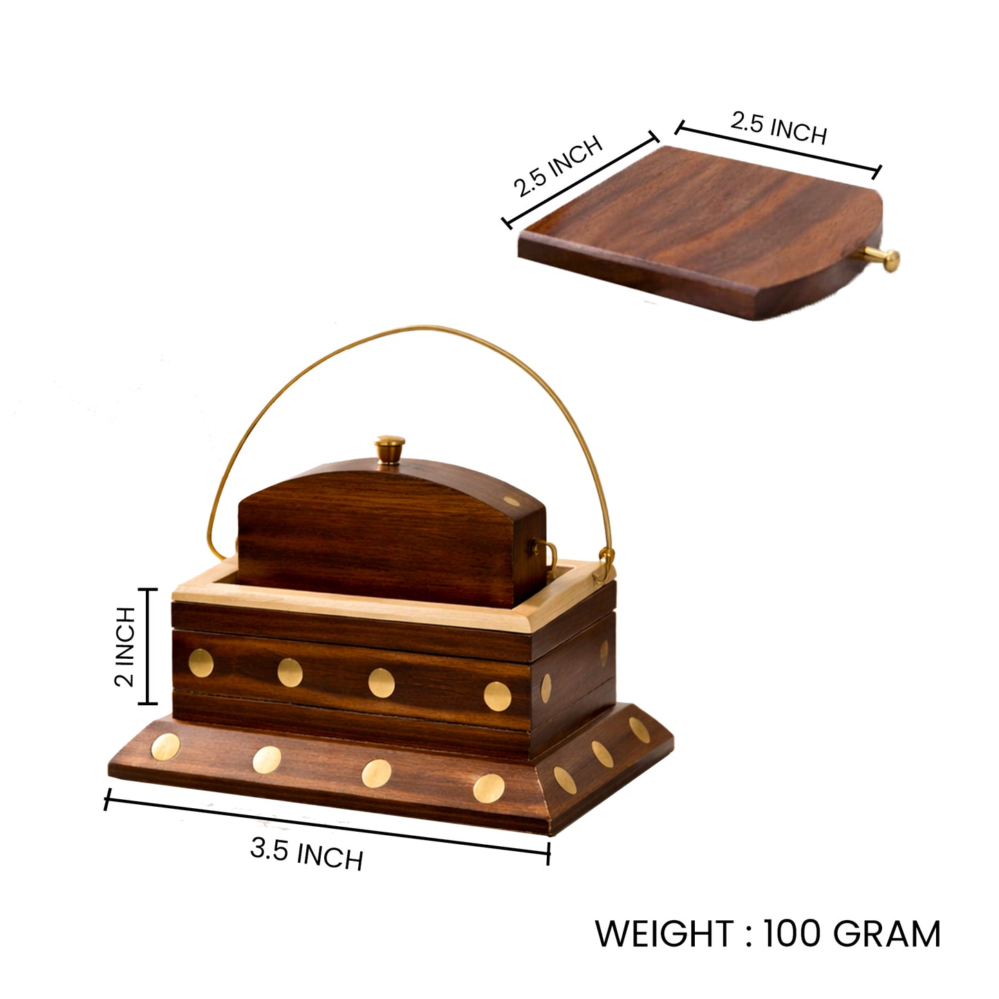 Handcrafted Sheesham Wood Coaster Set with Brass Corners & Holder – Set of 6, 2.5 Inch Drink Coasters for Tea & Coffee Cups