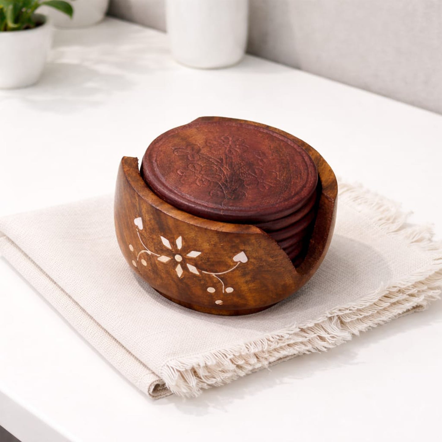 Handcrafted Wooden Coaster Set with Holder (7.8 cm) | Premium Tableware | The Indian Aura