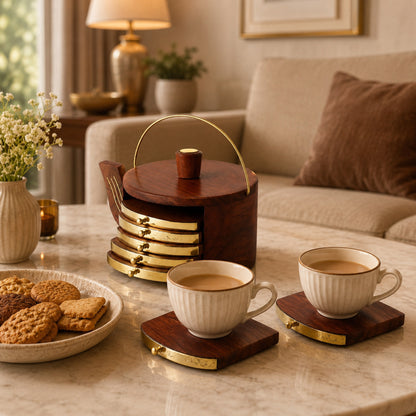 Wooden Tea Coaster Set with Kettle-Shaped Holder – Sheesham Wood & Brass Coasters for Tea Cups, Coffee Mugs & Glasses, Handcrafted Table Decor | Ideal Housewarming & Diwali Gift