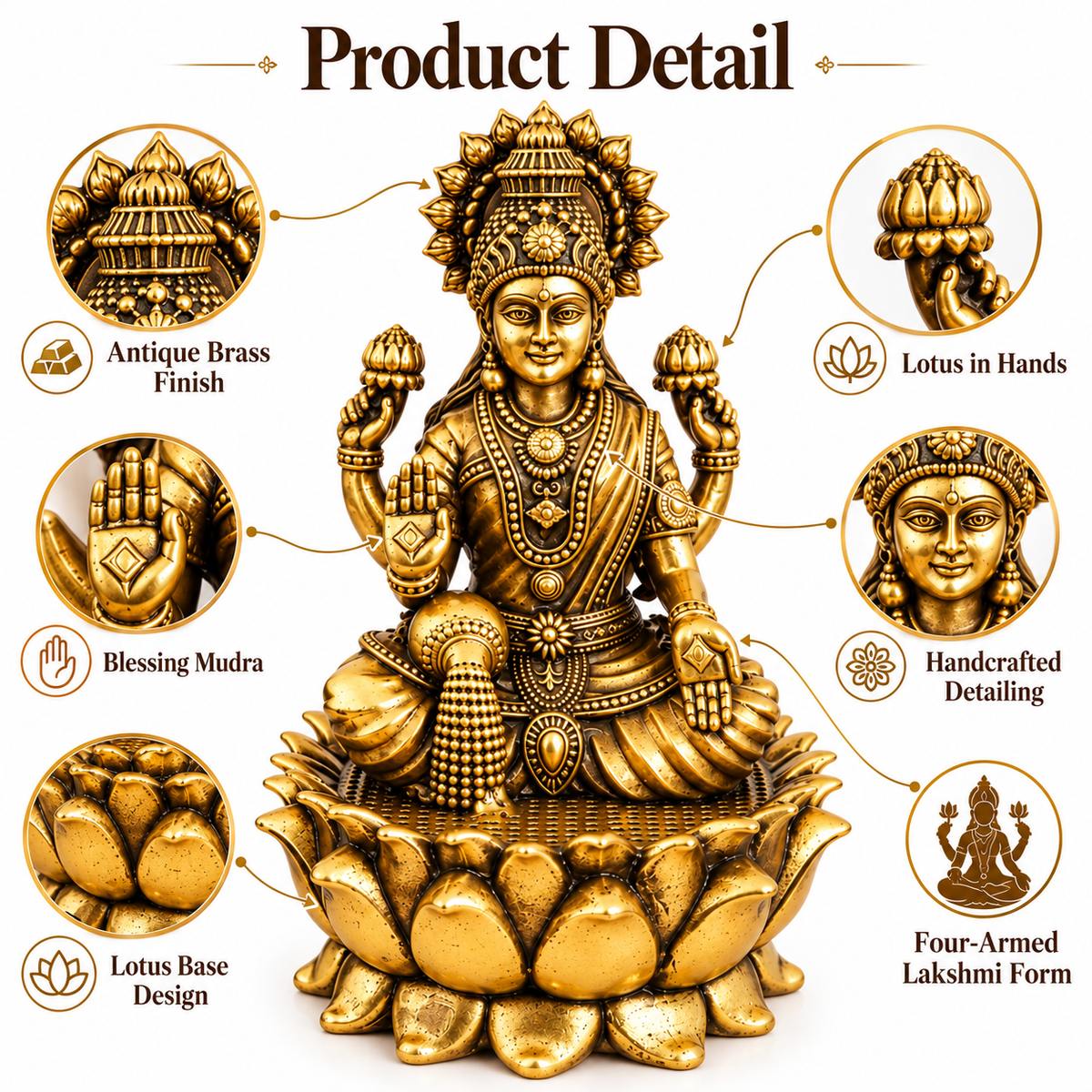 Antique Brass Laxmi Idol for Home Temple & Pooja Room | Handcrafted Goddess Laxmi Statue for Mandir, Home Décor & Office Desk | Housewarming, Diwali & Spiritual Gift | The Indian Aura