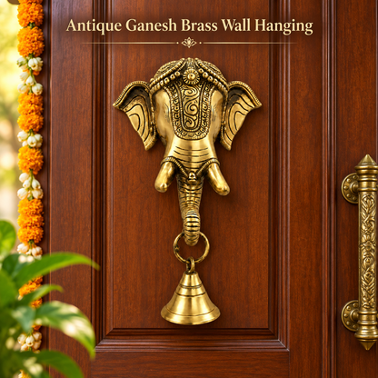 Antique Gold Pure Brass Ganesh Wall Hanging with Decorative Bell for Divine Home Décor | The Indian Aura