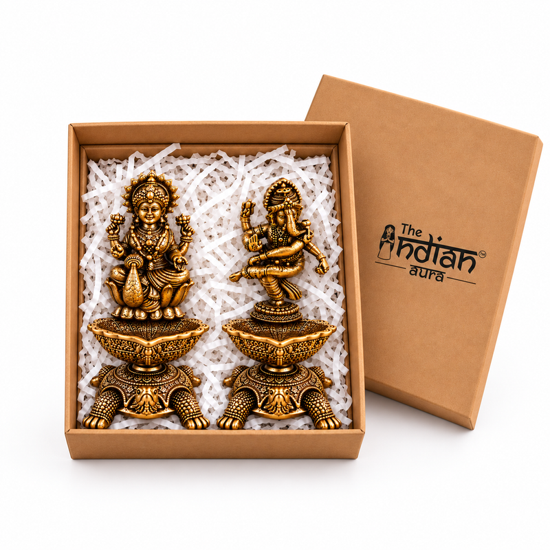 The Indian Aura Pure Brass Laxmi Ganesha Pair Diya Oil Lamp Holder For Gifting | Premium Religious Gift for Housewarming, Wedding, Diwali, Dhanteras & Anniversary | Antique Gold Finish, Traditional Pooja Room & Home Temple Decor