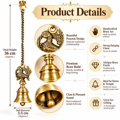 The Indian Aura Antique Gold Pure Brass Wall Hanging Bell | Traditional Decorative Bell for Home, Temple, Pooja Room & Entrance Décor