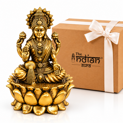Antique Brass Laxmi Idol for Gifting | Handcrafted Goddess Laxmi Statue for Housewarming, Wedding, Diwali, Dhanteras & Festive Gifts | Spiritual Gift for Family, Friends & Loved Ones | The Indian Aura