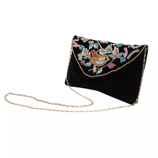 Black Beaded Cotton Sling Bag For Women With Bird Design