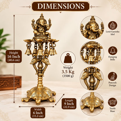 Brass Ganesh Diya Stand with 7 Oil Holders | Antique Finish Pooja Lamp with Hanging Bells, Peacock Design & Tortoise Base for Home Temple, Decor & Gifting | The Indian Aura