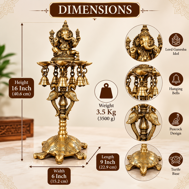 Brass Ganesh Diya Stand with 7 Oil Holders | Antique Finish Pooja Lamp with Hanging Bells, Peacock Design & Tortoise Base for Home Temple, Decor & Gifting | The Indian Aura