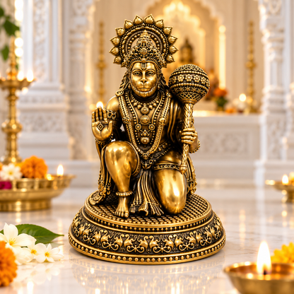 Antique Brass Hanuman Idol for Home Temple & Pooja Room | Handcrafted Lord Hanuman Statue for Home Décor, Office, Mandir & Gifting | The Indian Aura