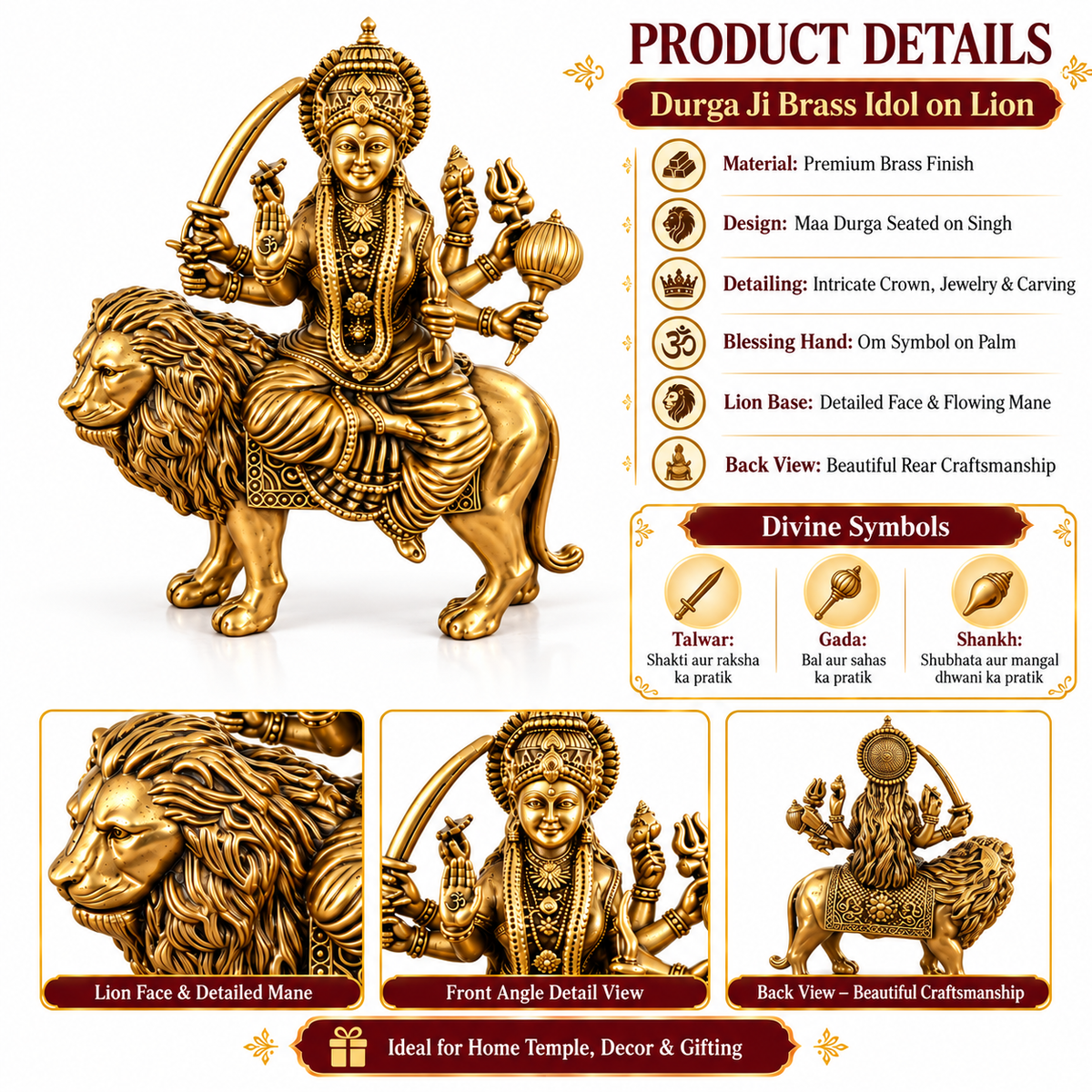 Antique Brass Maa Durga Idol for Home Temple & Pooja Room | Handcrafted Goddess Durga Statue for Mandir, Home Décor, Office Desk, Housewarming, Diwali & Spiritual Gifting | The Indian Aura