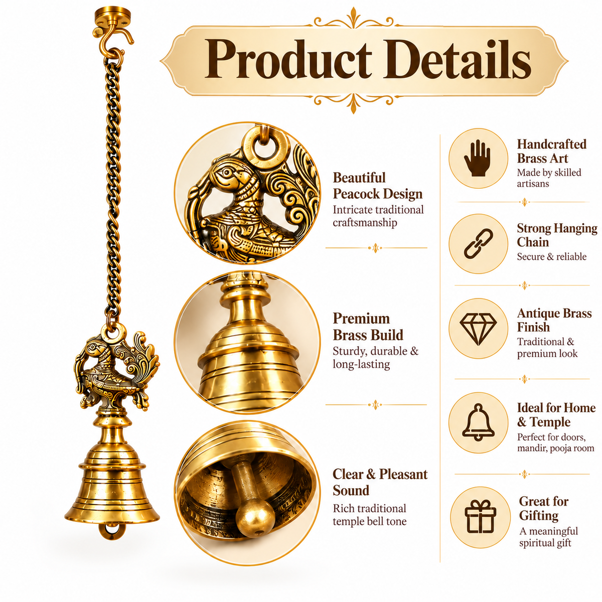 The Indian Aura Antique Gold Pure Brass Wall Hanging Bell | Traditional Decorative Bell for Home, Temple, Pooja Room & Entrance Décor
