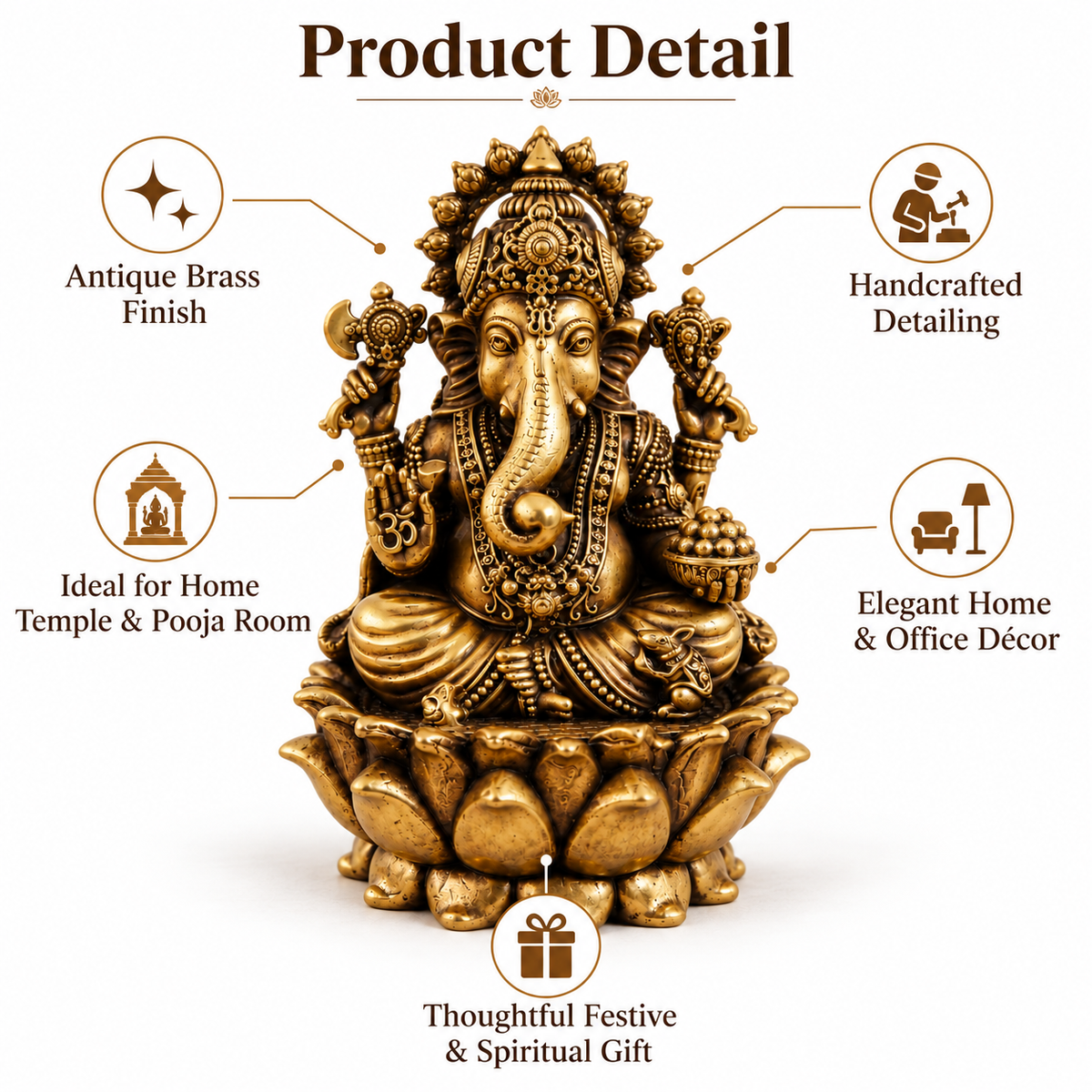 Antique Brass Lord Ganesh Idol for Home Temple & Pooja Room | Handcrafted Lord Ganesha Statue for Mandir, Home Décor & Office Desk | Housewarming, Diwali & Spiritual Gift | The Indian Aura