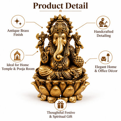 Antique Brass Lord Ganesh Idol for Home Temple & Pooja Room | Handcrafted Lord Ganesha Statue for Mandir, Home Décor & Office Desk | Housewarming, Diwali & Spiritual Gift | The Indian Aura