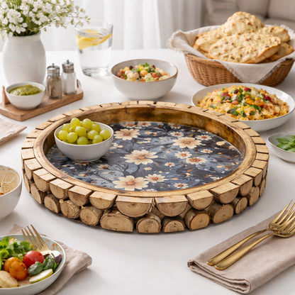 Rustic Round Wooden Floral Serving Tray with Resin Top – 30 cm Decorative Platter for Snacks & Tea