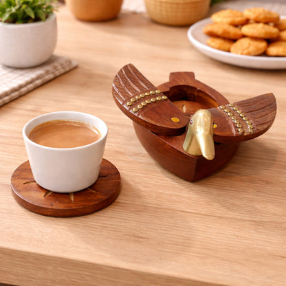 Handcrafted Wood Duck Coaster Set with Brass Head – Round Tea & Coffee Coasters
