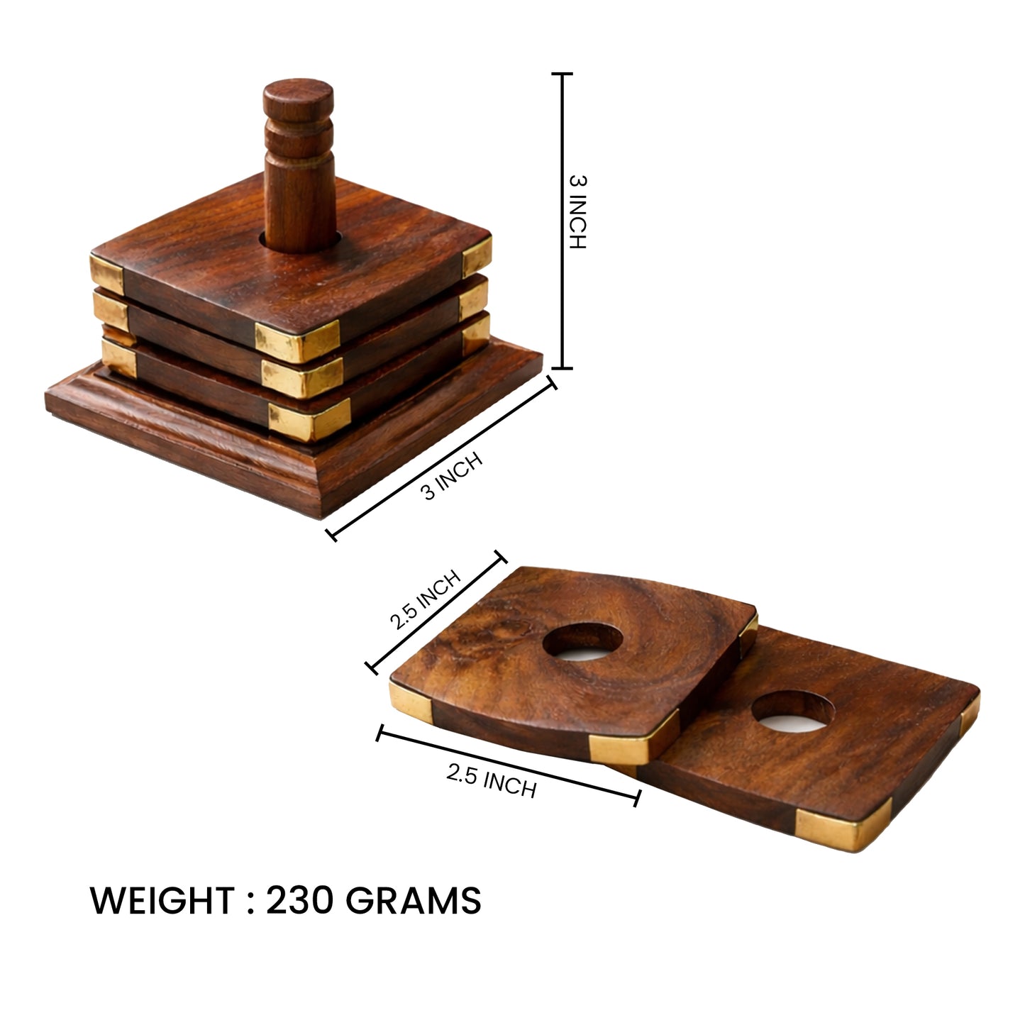Handcrafted Sheesham Wood Square Coaster Set with Brass Corners – Set of 6 with Stand