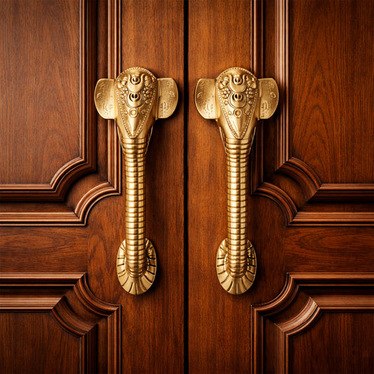 Ganesha Brass Door Handle with Golden Crown - Antique Dhanvantri Design Set of 2