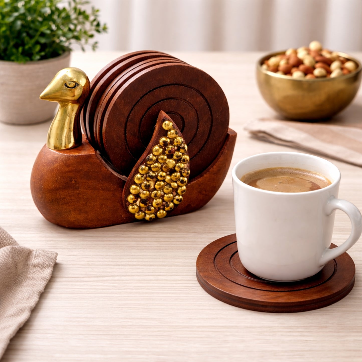 Handcrafted Wooden Round Coasters with Duck Shape Holder - Set of 6