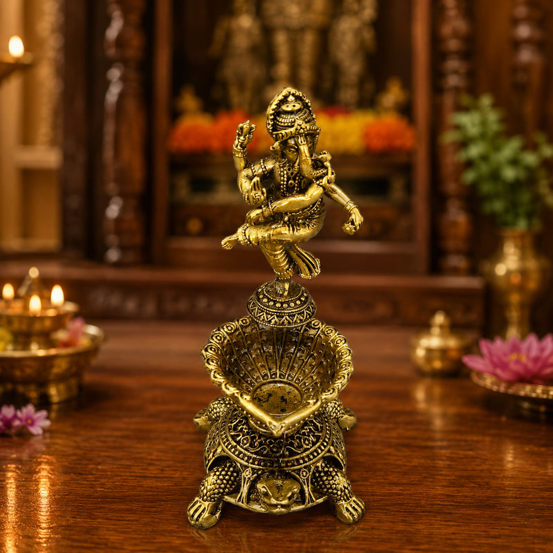 Pure Brass Dancing Ganesha Diya Oil Lamp Holder | Antique Gold Finish, Oil Lamp with Diya, Vastu Showpiece, Puja Room Decor