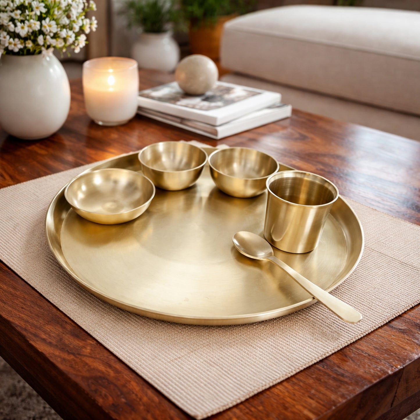 Pure Kansa Matte Finish 13.5 Inch Thali Dinner Set – Traditional Ayurvedic Dinnerware for Healthy & Elegant Dining
