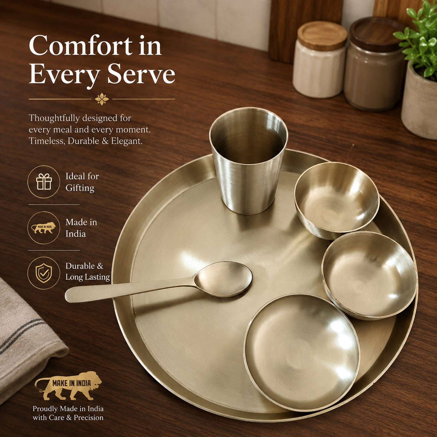 Pure Kansa Matte Finish 13.5 Inch Thali Dinner Set – Traditional Ayurvedic Dinnerware for Healthy & Elegant Dining