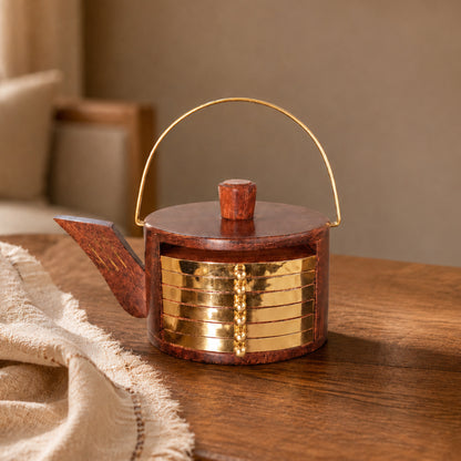 Wooden Tea Coaster Set with Kettle-Shaped Holder – Sheesham Wood & Brass Coasters for Tea Cups, Coffee Mugs & Glasses, Handcrafted Table Decor | Ideal Housewarming & Diwali Gift