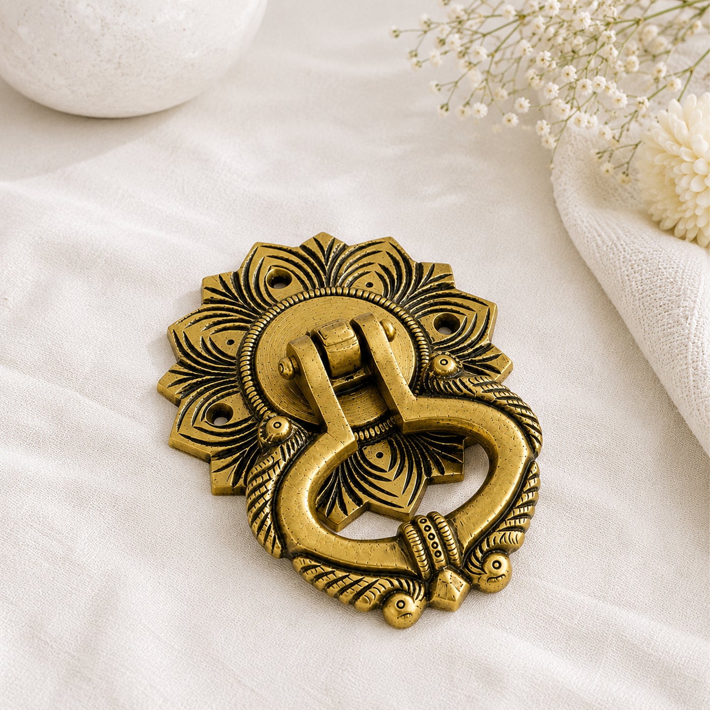 Handcrafted Peacock feather Design Brass Door Knocker – Antique Finish