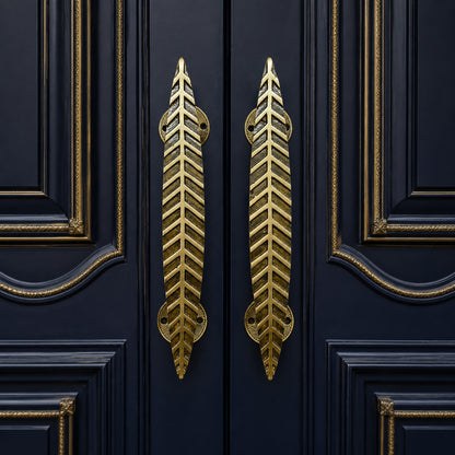 Handcrafted Leaf Design Brass Door Handle for Main Door 12inch  – Antique Finish Set-2