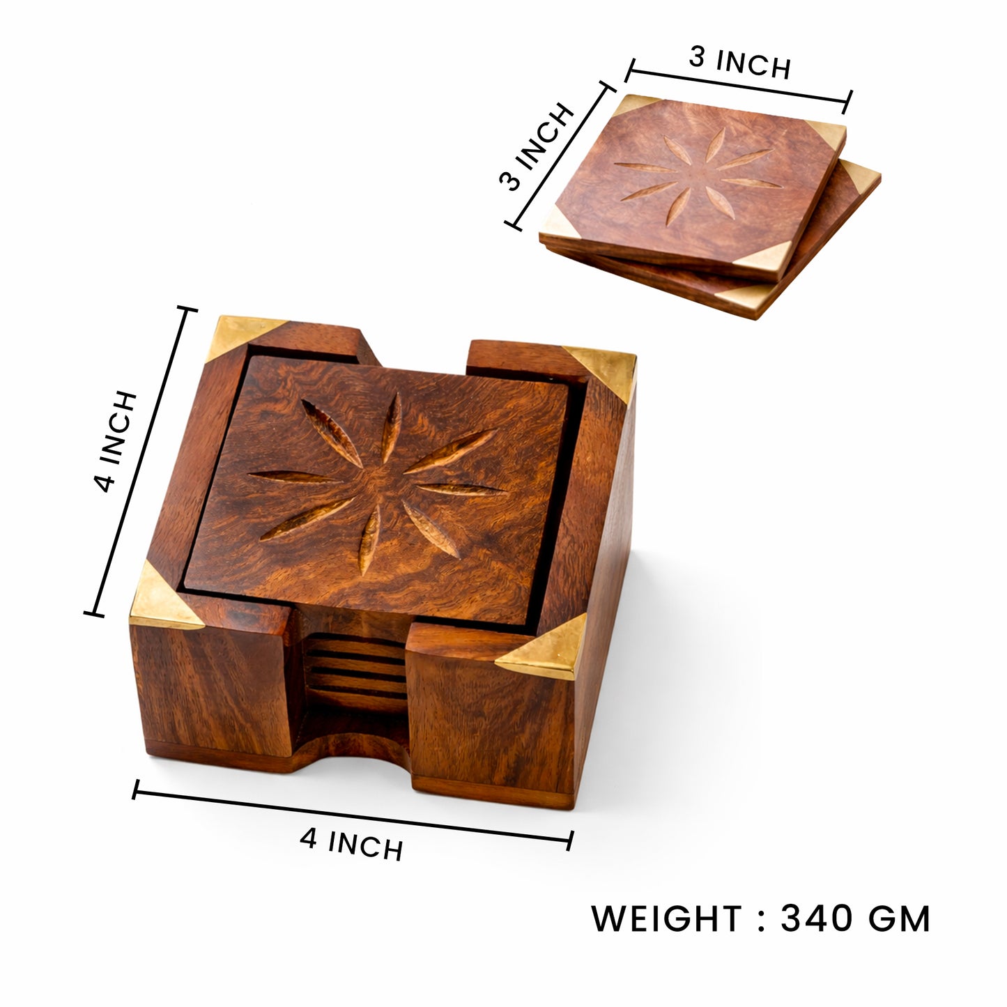 Handcrafted Sheesham Wood Square Coaster Set with Brass Corners & Box Holder – 3 Inch Coasters, Set of 6