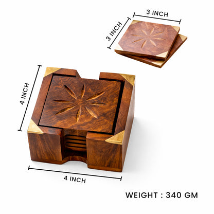 Handcrafted Sheesham Wood Square Coaster Set with Brass Corners & Box Holder – 3 Inch Coasters, Set of 6