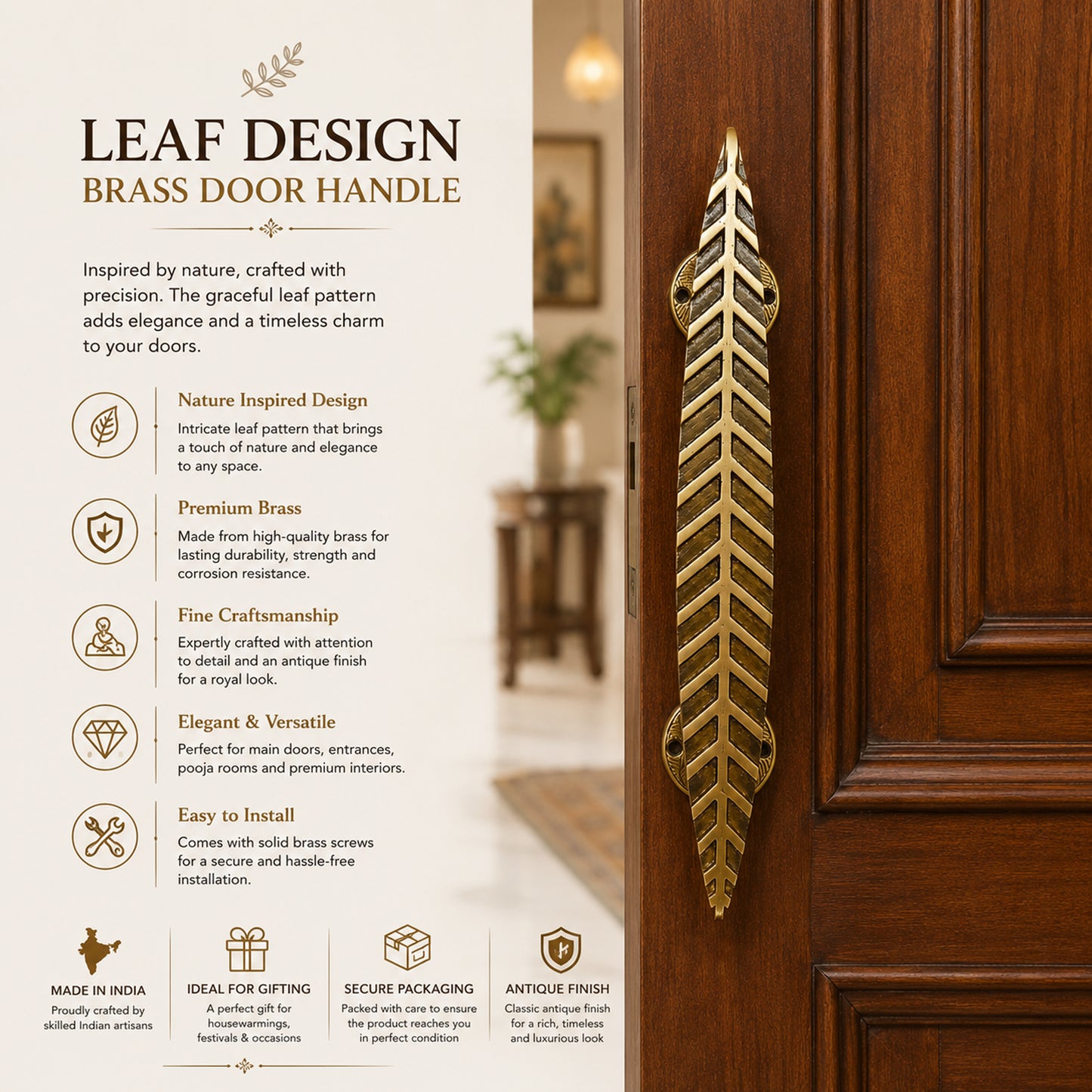 Handcrafted Leaf Design Brass Door Handle for Main Door 12inch  – Antique Finish single set