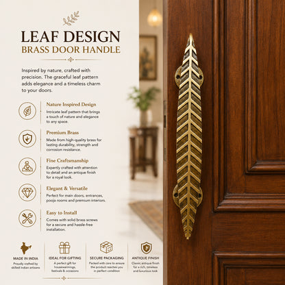 Handcrafted Leaf Design Brass Door Handle for Main Door 12inch  – Antique Finish single set