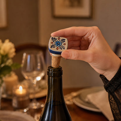 Ceramic Wine Bottle Stopper with Cork – Handcrafted Hand-Painted Reusable Wine Stopper, Airtight Bottle Sealer for Wine & Bar | Decorative Wine Saver, Ideal Gift for Wine Lovers, Made in India