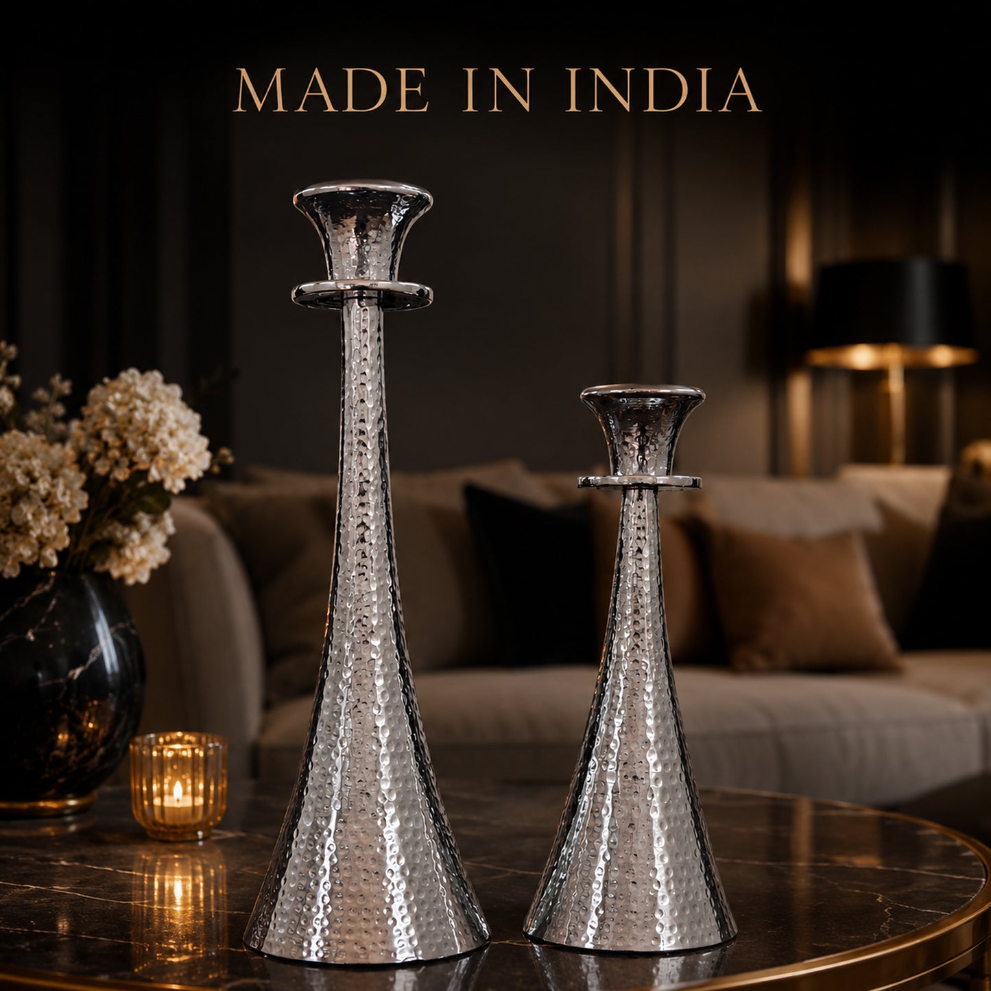 Hammered Silver Tapered Metal Candle Holder Stand Set of 2 | The Indian Aura