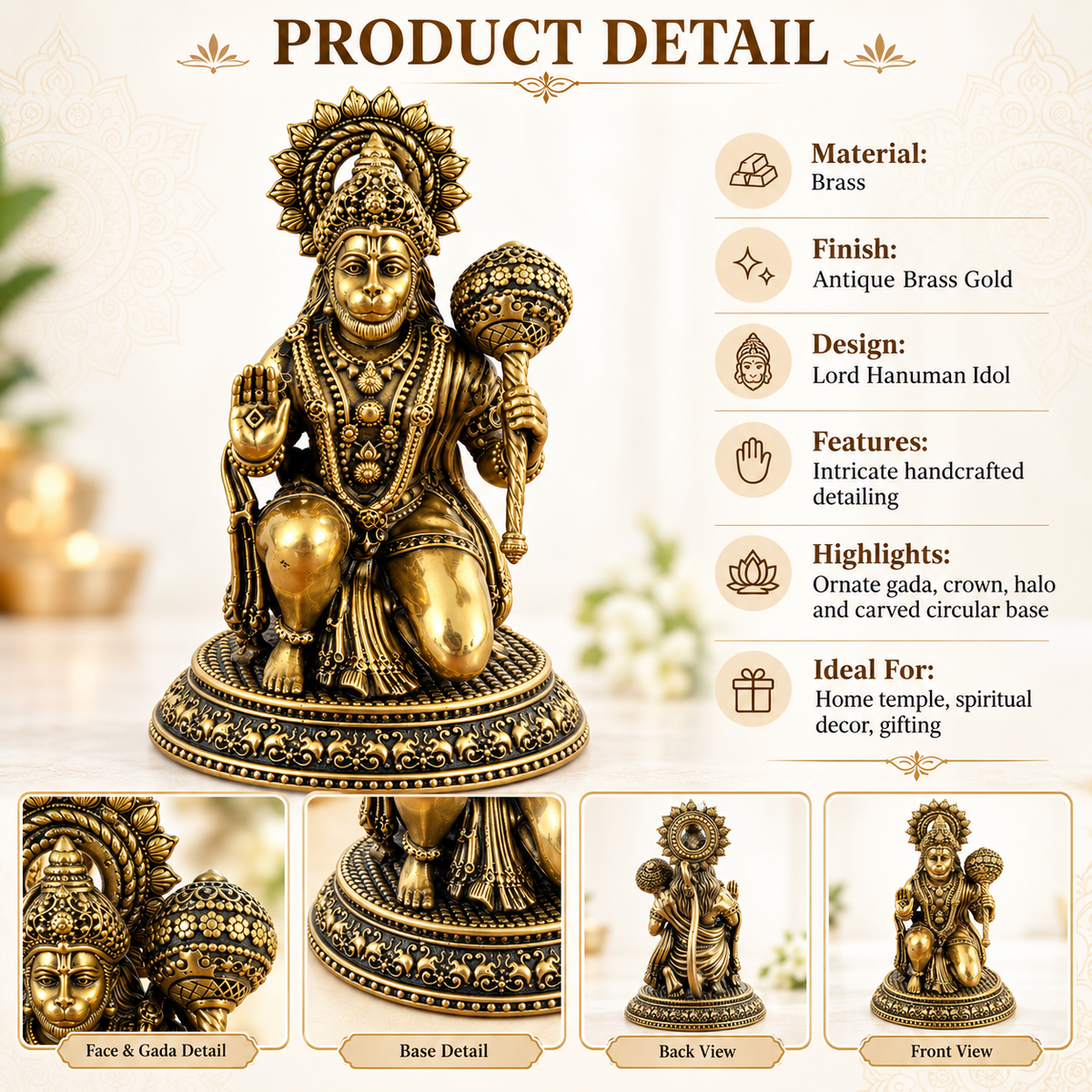 Antique Brass Hanuman Idol for Home Temple & Pooja Room | Handcrafted Lord Hanuman Statue for Home Décor, Office, Mandir & Gifting | The Indian Aura