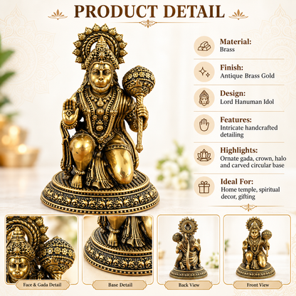 Antique Brass Hanuman Idol for Home Temple & Pooja Room | Handcrafted Lord Hanuman Statue for Home Décor, Office, Mandir & Gifting | The Indian Aura
