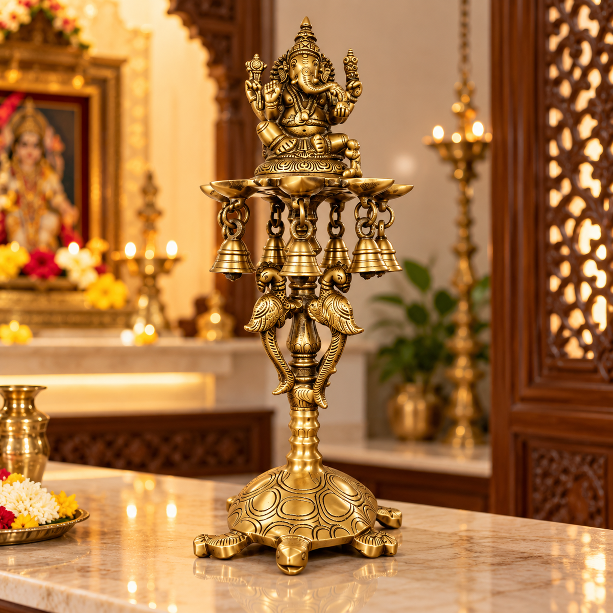 Brass Ganesh Diya Stand with 7 Oil Holders | Antique Finish Pooja Lamp with Hanging Bells, Peacock Design & Tortoise Base for Home Temple, Decor & Gifting | The Indian Aura