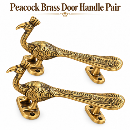 Handcrafted Peacock Brass Door Handle Pair – Antique Gold Finish, Elegant Traditional Design for Main Door.