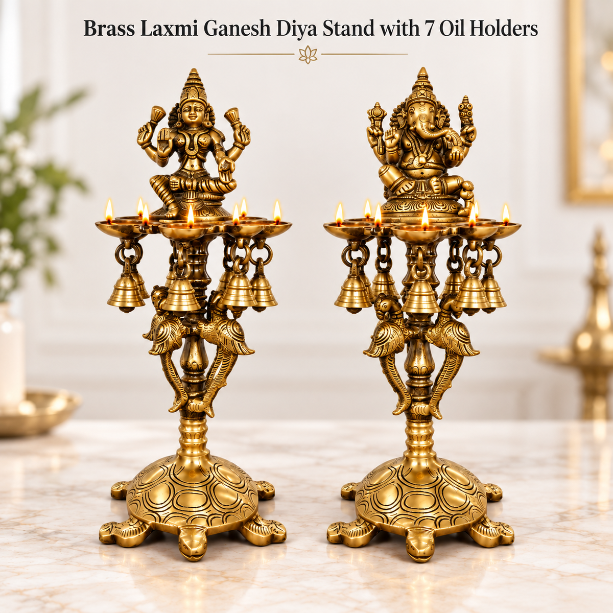 Pure Brass Laxmi Ganesha Pair Diya Stand with 7 Oil Holders – Antique Finish | The Indian Aura