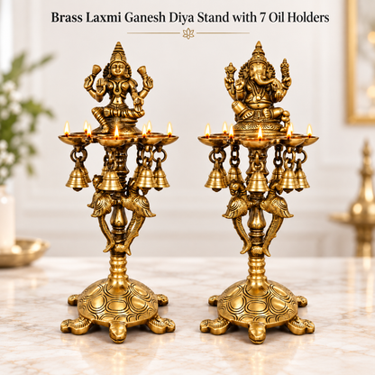 Pure Brass Laxmi Ganesha Pair Diya Stand with 7 Oil Holders – Antique Finish | The Indian Aura
