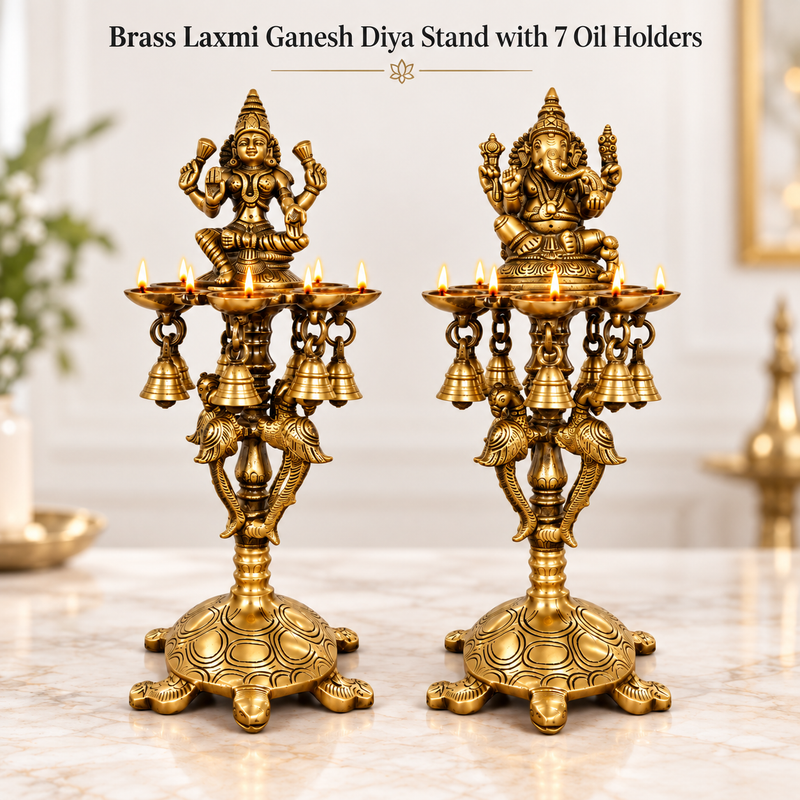 Pure Brass Laxmi Ganesha Pair Diya Stand with 7 Oil Holders – Antique Finish | The Indian Aura