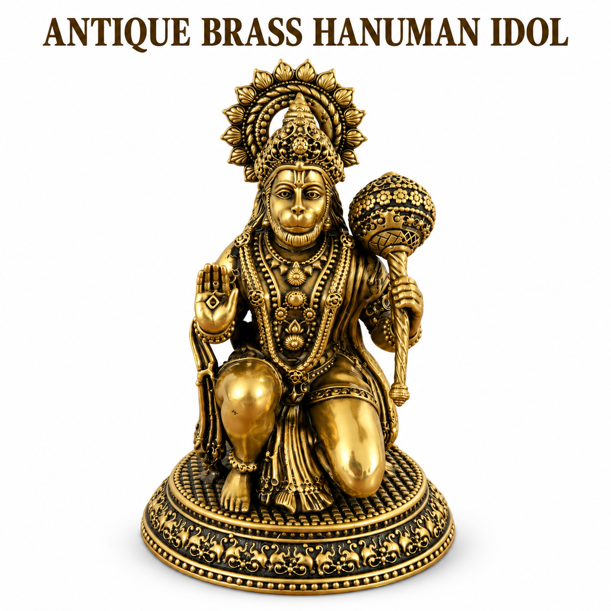 Antique Brass Hanuman Idol for Home Temple & Pooja Room | Handcrafted Lord Hanuman Statue for Home Décor, Office, Mandir & Gifting | The Indian Aura
