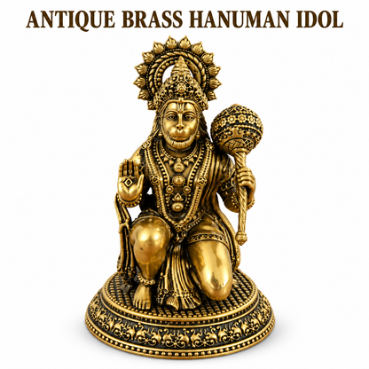 Antique Brass Hanuman Idol for Home Temple & Pooja Room | Handcrafted Lord Hanuman Statue for Home Décor, Office, Mandir & Gifting | The Indian Aura